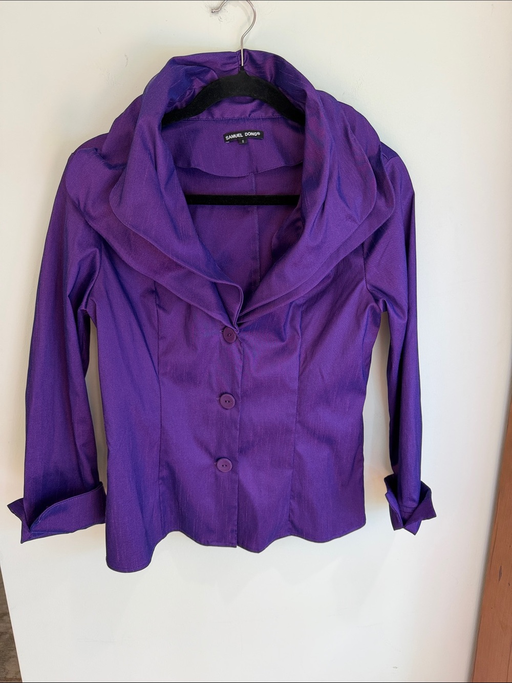 Samuel Dong Vibrant Purple Double Collar Button Down Shirt w/Cuffed Sleeves, S